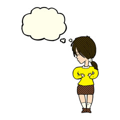cartoon shy woman with thought bubble