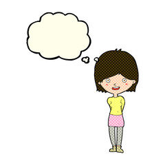 cartoon friendly woman with thought bubble