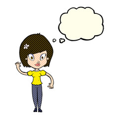 cartoon pretty woman waving with thought bubble