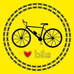 Love bike icon (logo or label). Isolated Black Silhouette of bicycle in chain circles. Vector Illustration