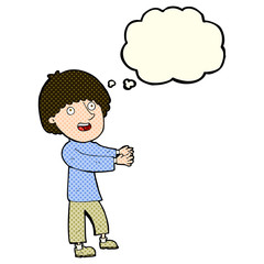 cartoon happy man showing with thought bubble