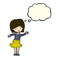cartoon waving woman with thought bubble