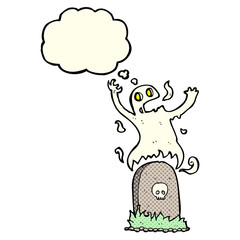cartoon ghost rising from grave with thought bubble