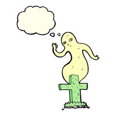 cartoon ghost rising from grave with thought bubble