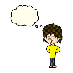 cartoon happy scruffy boy with thought bubble