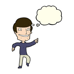 cartoon happy man pointing with thought bubble