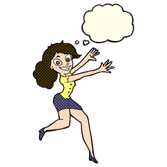 Obraz na płótnie Canvas cartoon happy woman jumping with thought bubble