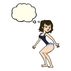 cartoon woman in lingerie with thought bubble