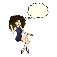 cartoon sitting woman waving with thought bubble