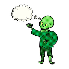 cartoon skeleton waving with thought bubble