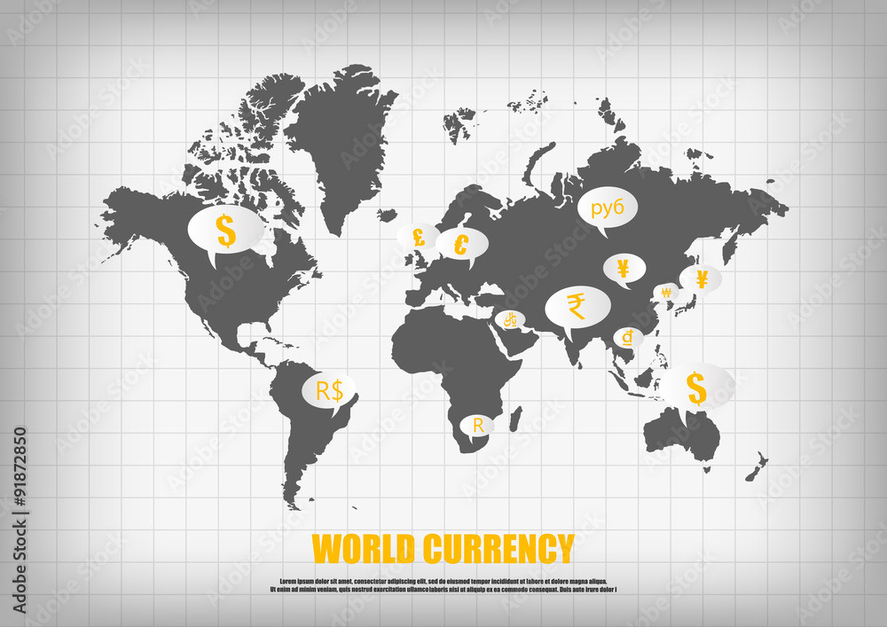 Poster vector : world map and currency in bubble quotes for each countr