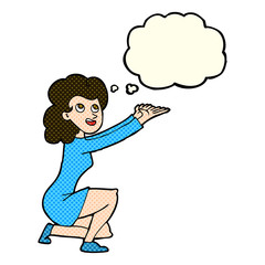 cartoon woman presentation gesture with thought bubble