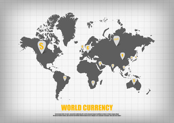 Vector : Currency symbol in map pointers on world map