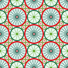 Seamless pattern with bike wheels. Bicycle wheels with colored rims and spokes. Vector illustration. 
