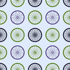 Seamless pattern with bike wheels. Bicycle wheels with colored rims and spokes. Vector illustration. 