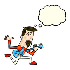 cartoon man playing electric guitar with thought bubble