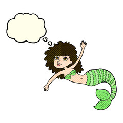 cartoon pretty mermaid waving with thought bubble