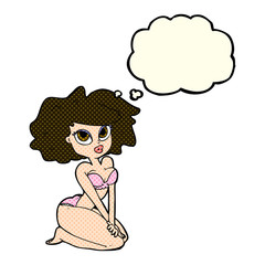 cartoon woman wearing bikini with thought bubble