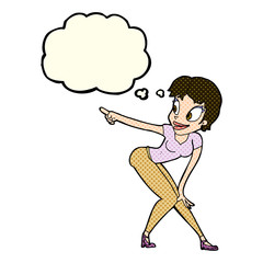 cartoon pretty woman pointing with thought bubble