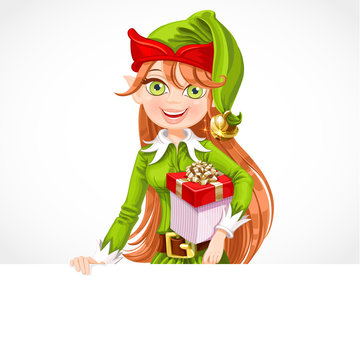 Cute girl Santa elf with gift hold big white banner isolated on