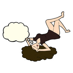 cartoon woman lying on floor with thought bubble