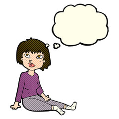 cartoon woman sitting on floor with thought bubble