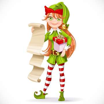 Cute girl Santa elf with list on parchment