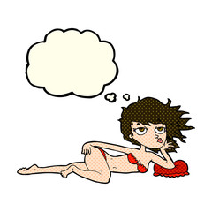 cartoon woman posing in underwear with thought bubble