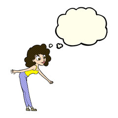 cartoon woman reaching to pick something up with thought bubble