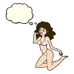 cartoon woman in underwear looking thoughtful with thought bubbl
