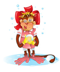 Cheerful monkey winks at you and throws a snowball.