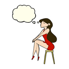 cartoon woman sitting on stool with thought bubble