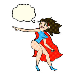 cartoon superhero woman pointing with thought bubble