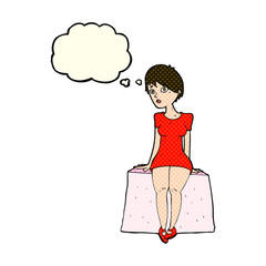 cartoon curious woman sitting with thought bubble
