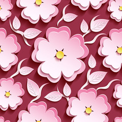 Pink seamless pattern with 3d sakura and leaves