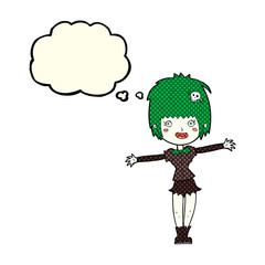 cartoon happy vampire girl with thought bubble