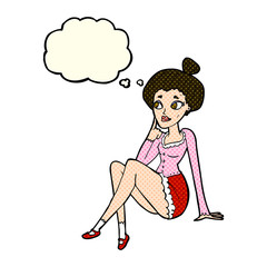 cartoon attractive woman sitting thinking with thought bubble