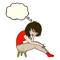 cartoon woman sitting on small stool with thought bubble