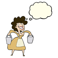 cartoon milkmaid carrying buckets with thought bubble