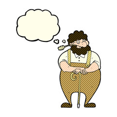 cartoon farmer leaning on walking stick with thought bubble
