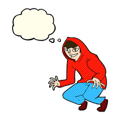 cartoon mischievous boy in hooded top with thought bubble