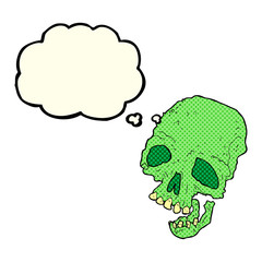 cartoon ancient spooky skull with thought bubble