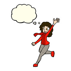 cartoon woman waving dressed for winter with thought bubble