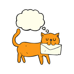 cartoon cat carrying letter with thought bubble