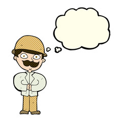 cartoon man in safari hat with thought bubble
