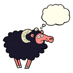 cartoon black sheep with thought bubble