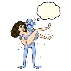 cartoon swamp monster carrying woman in bikini with thought bubb