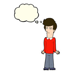 cartoon bored man shrugging shoulders with thought bubble