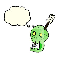 funny cartoon skull and arrow with thought bubble