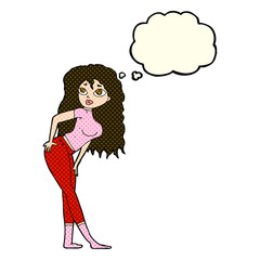 cartoon attractive woman looking surprised with thought bubble